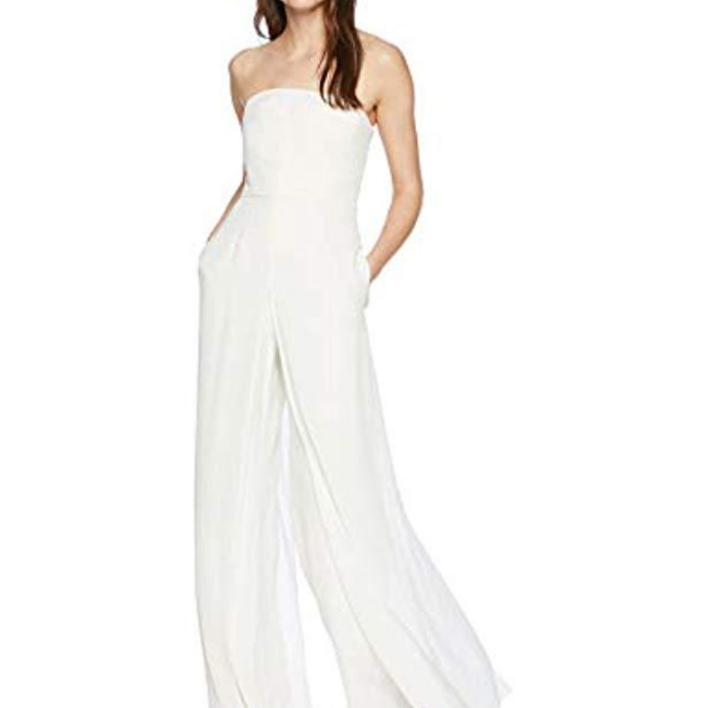 Halston Heritage Strapless Flowing Wide-leg Jumpsuit in Bone